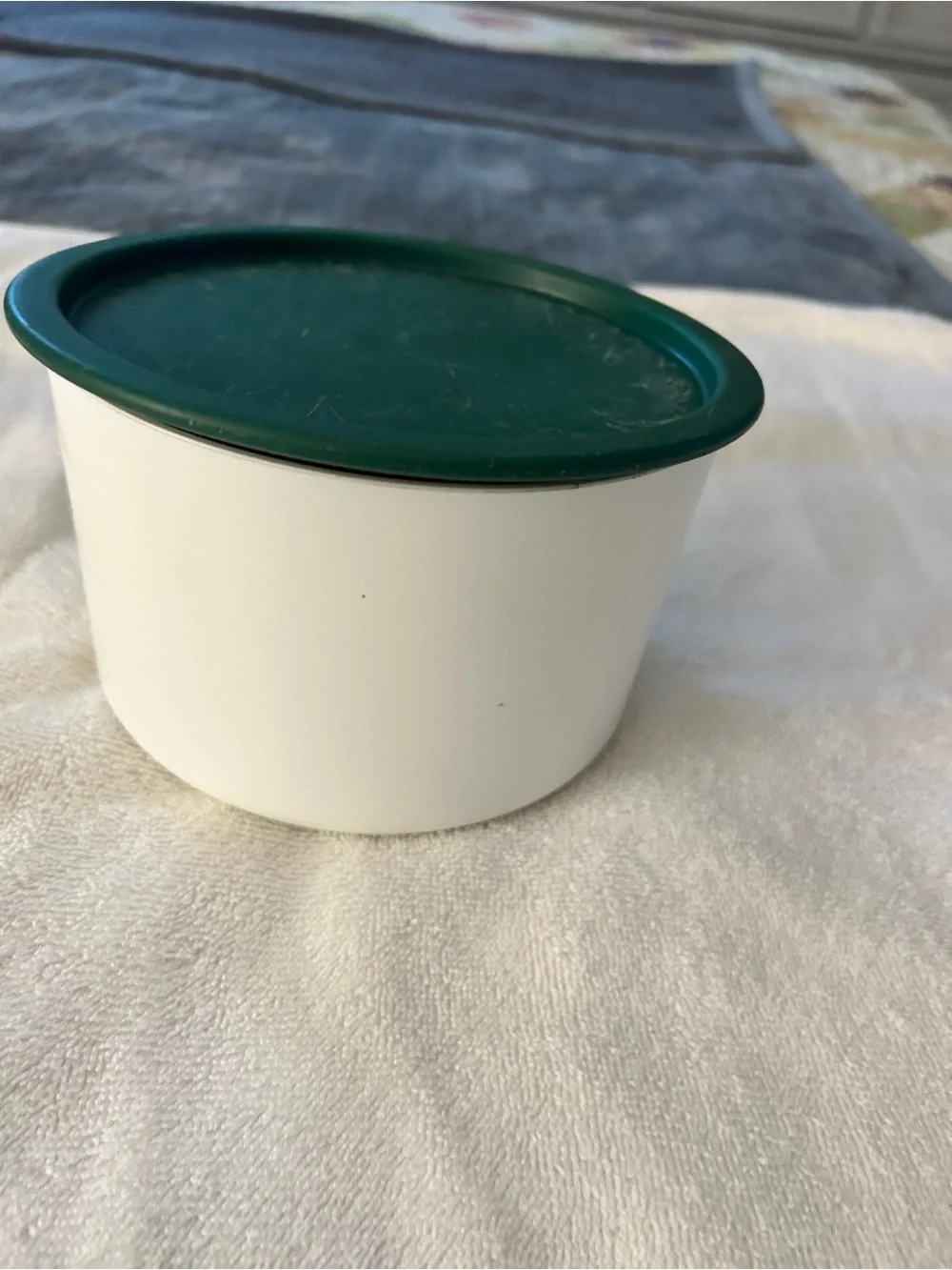 Vintage Tupperware White Pantry Canisters with Green Lids and Scoop